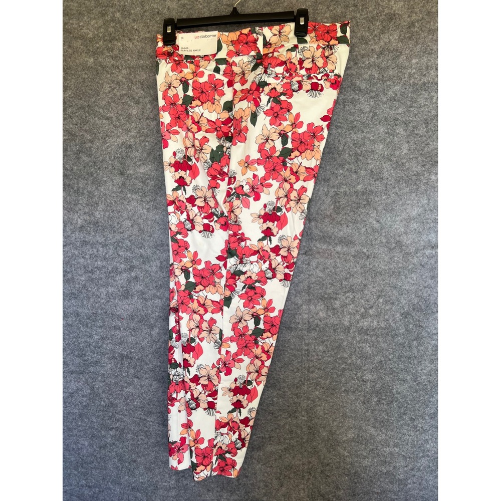 LIZ CLAIBORNE Emma Slim Leg Ankle Pants 14 White Floral Pink Orange Stretch NWT - Picture 12 of 16